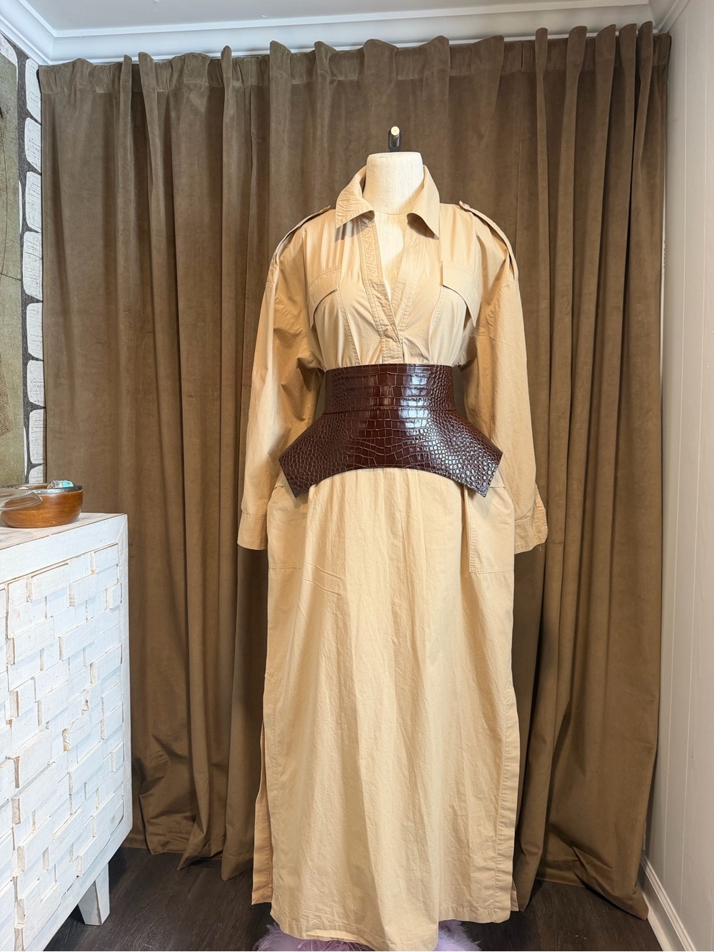 Beige Utility Shirtdress (belt is NOT included) has belt loops